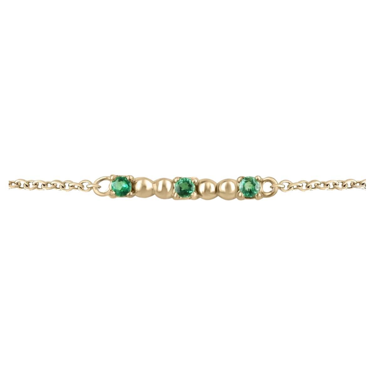 0.12tcw 14K Natural Medium Green Round Emerald Bead Bar Prong Set Bracelet For Sale