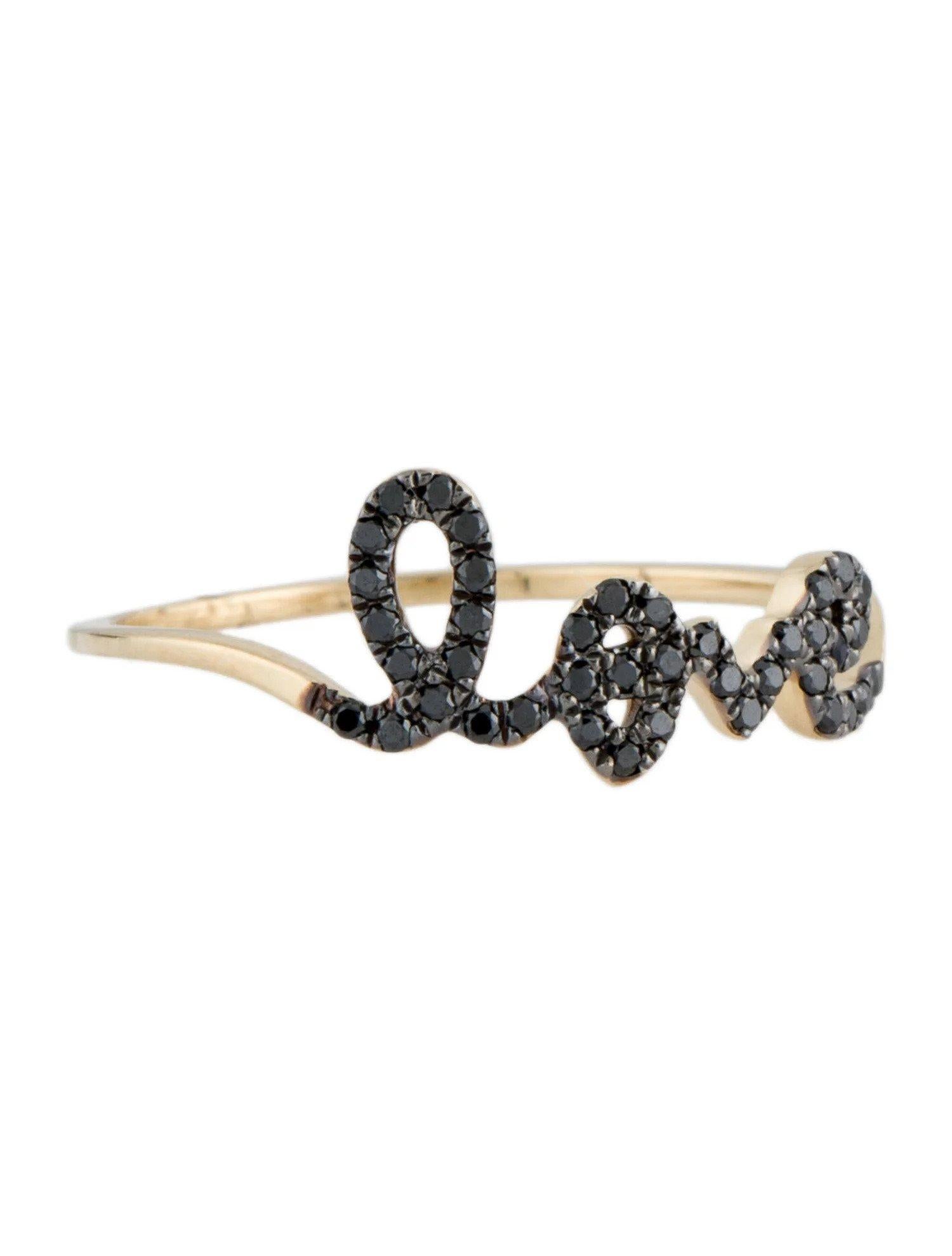0.13 Carat Black Diamond Love Yellow Gold Ring In New Condition In Great Neck, NY