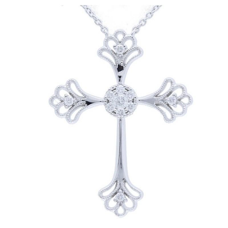 Modern 0.13 Carat Diamonds in 14K White Gold Cross Necklace For Sale