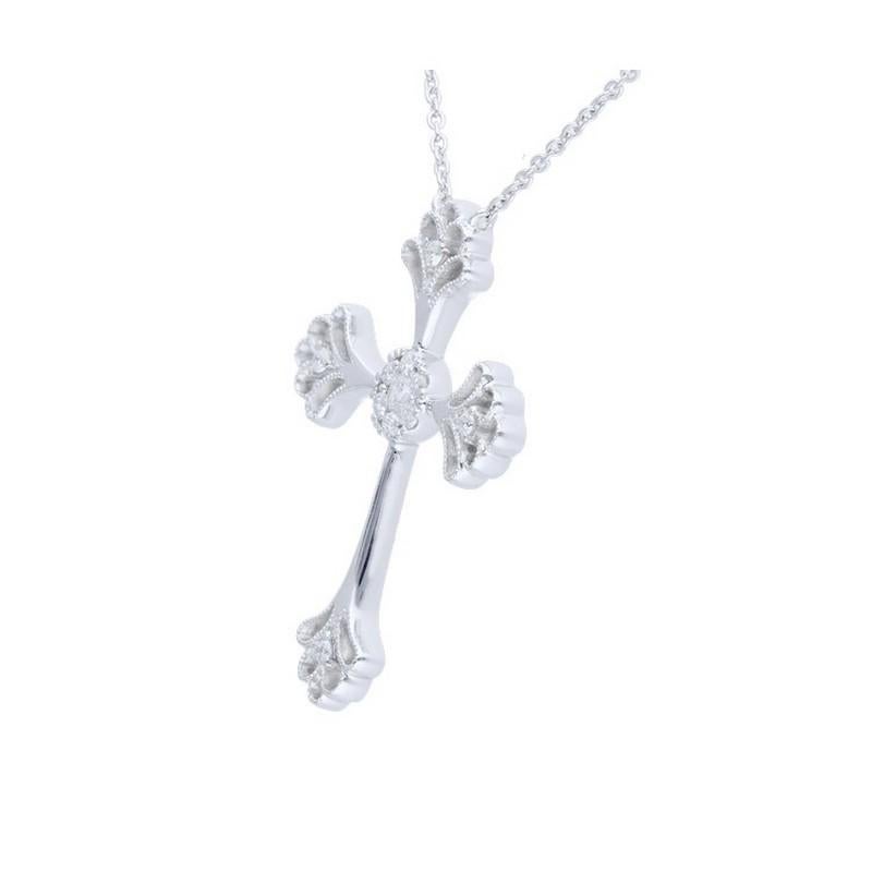 Round Cut 0.13 Carat Diamonds in 14K White Gold Cross Necklace For Sale