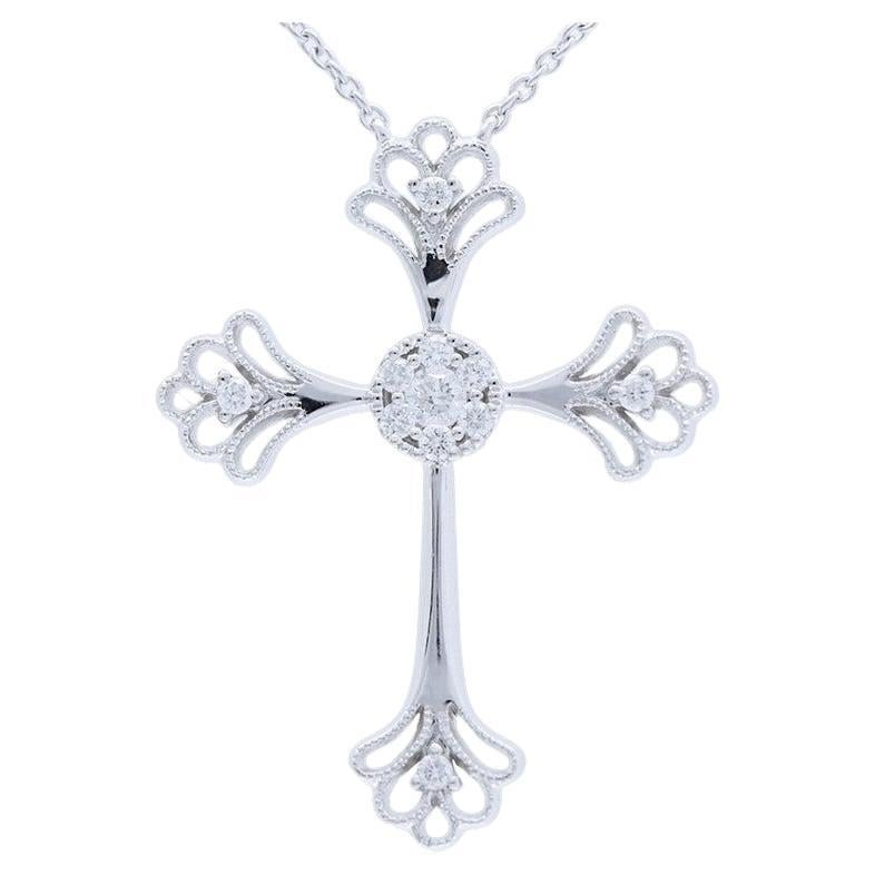0.13 Carat Diamonds in 14K White Gold Cross Necklace For Sale