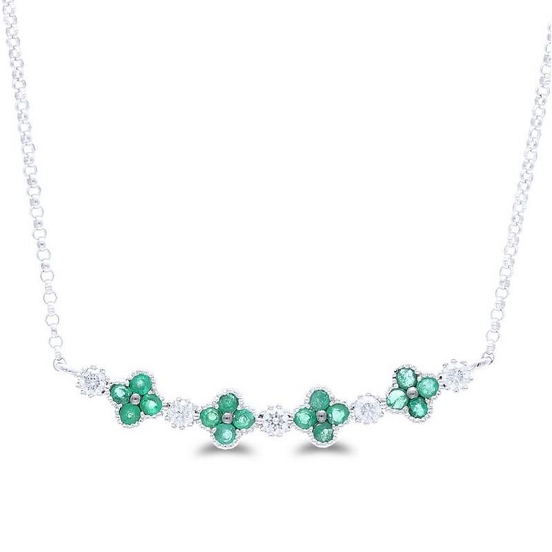 Diamond and Emerald Carat Weight: This exquisite necklace showcases a total of 0.13 carats of diamonds and 0.2 carats of emeralds. It features 5 round diamonds and 16 round emeralds, offering a captivating combination of sparkle and lush green