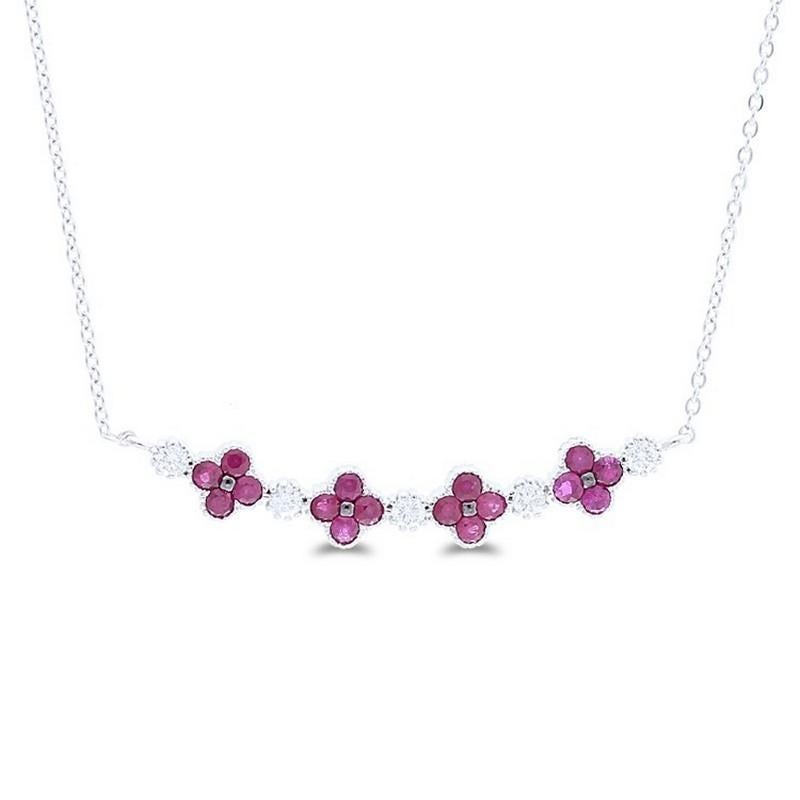 Diamond and Ruby Carat Weight: This exquisite necklace features a total of 0.13 carats of diamonds and 0.36 carats of rubies. It showcases the beauty of 5 round diamonds and 16 round rubies, creating a captivating blend of sparkle and color.

Gold
