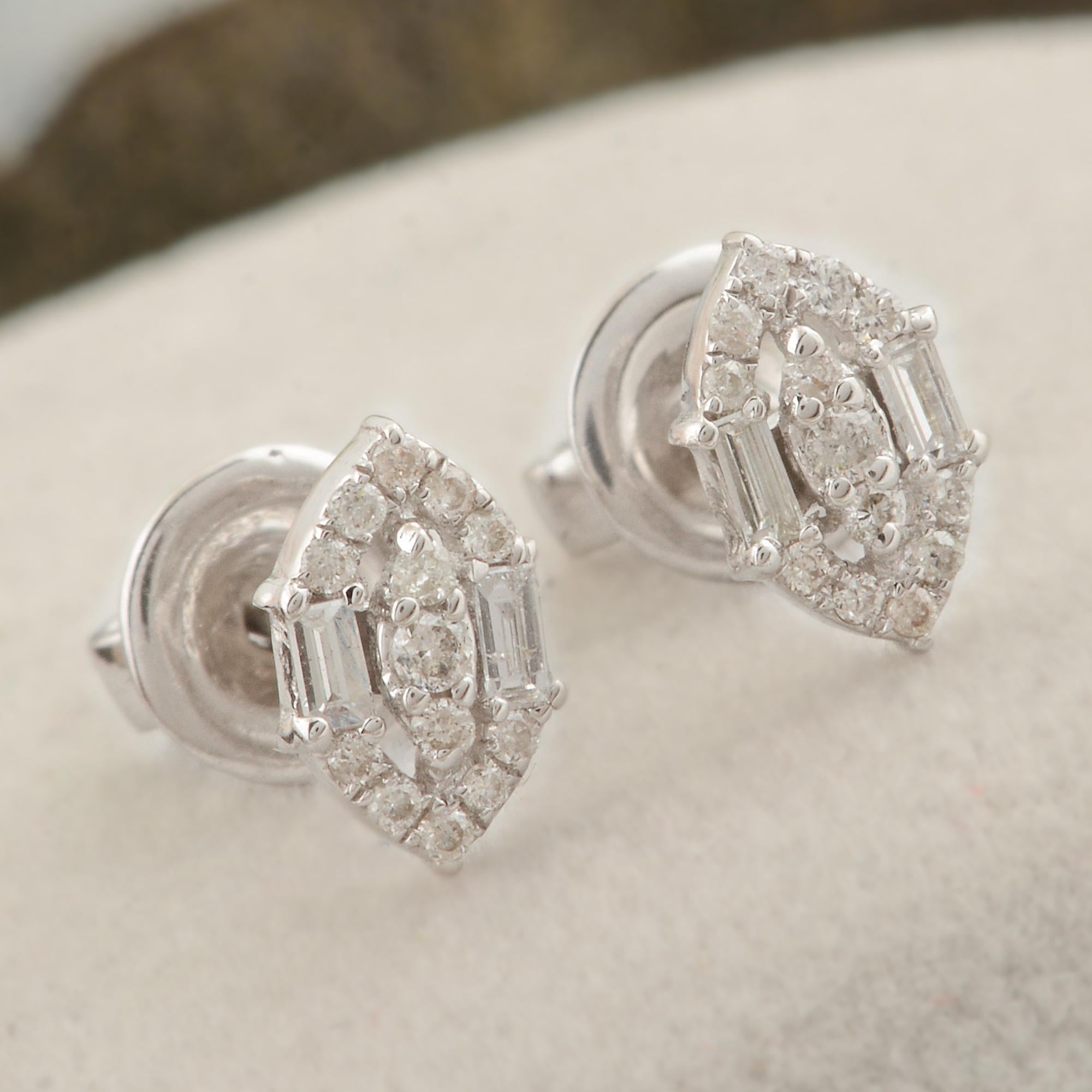 Modern 0.13 Ct SI/HI Baguette Round Diamond Stud Earrings 10 Karat White Gold Jewelry For Sale