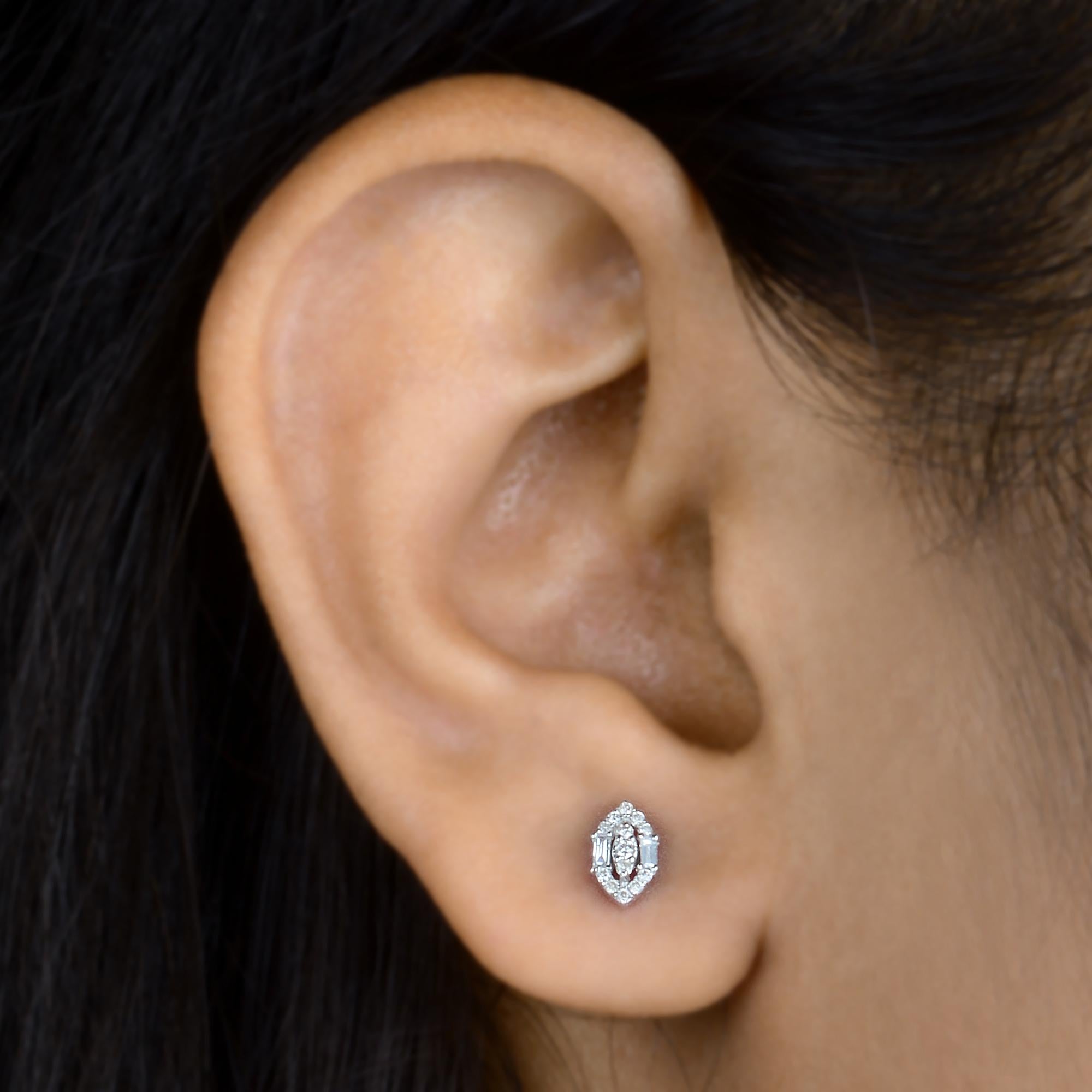 Baguette Cut 0.13 Ct SI/HI Baguette Round Diamond Stud Earrings 10 Karat White Gold Jewelry For Sale