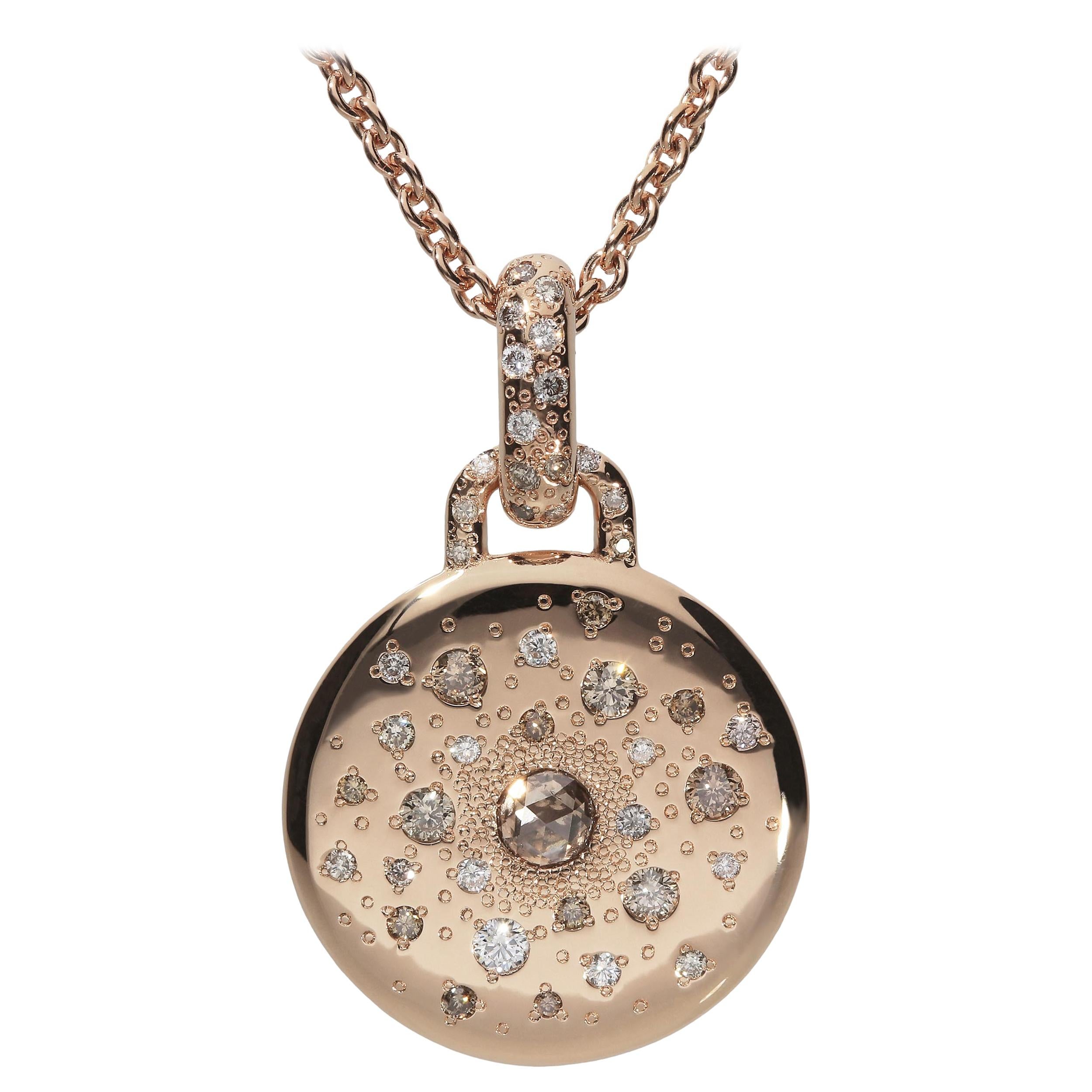 0.13 White GSI 0.59 Brown Diamonds 18 Karat Pink Gold Circle Pendant Necklace For Sale