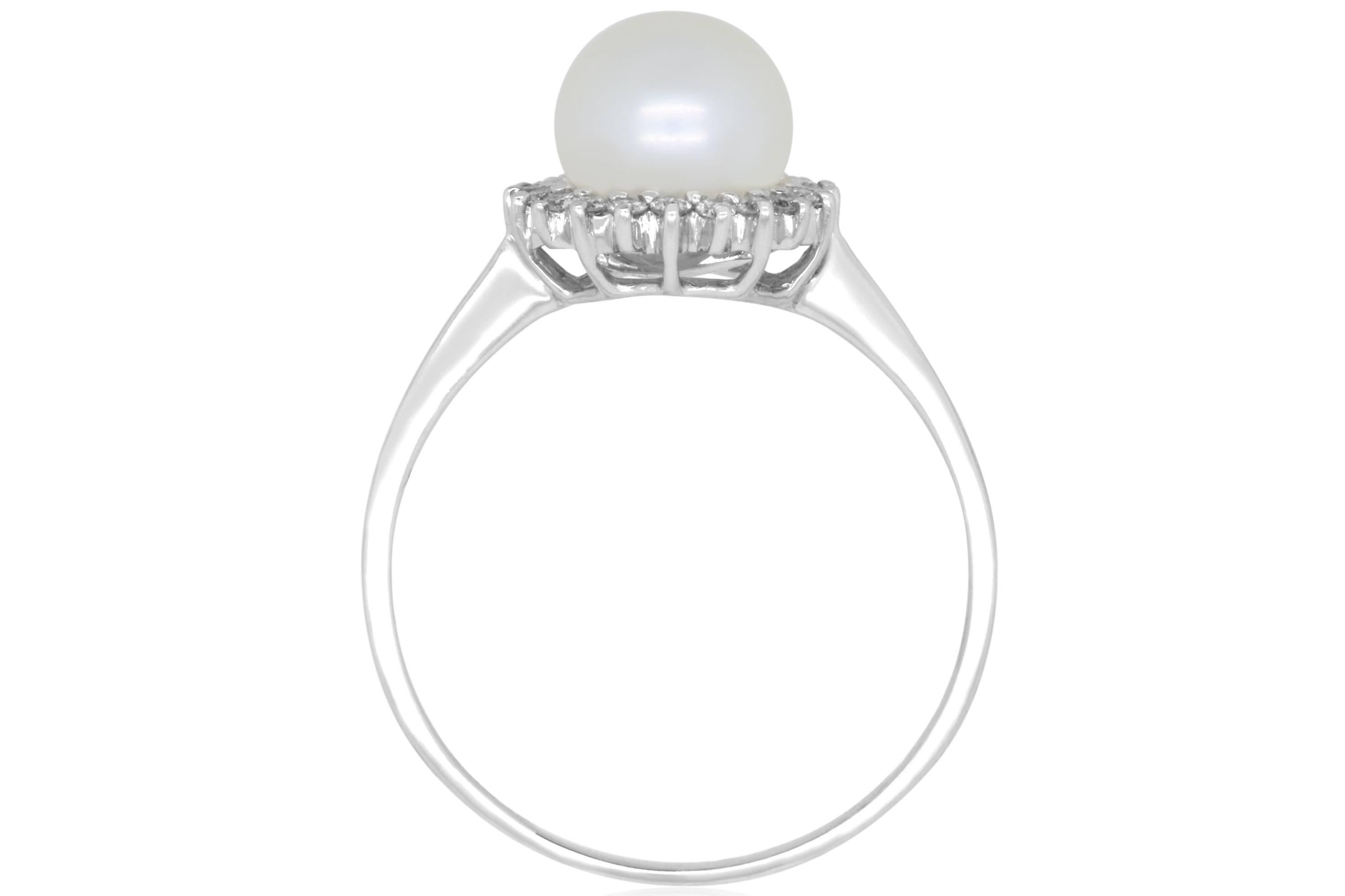 Material: 18k White Gold 
Center Stone Details: 0.51 Carat Natural Pearl
Mounting Diamond Details: White Diamonds Approximately 0.14 Carats - Clarity: VS-SI / Color: H-I

Ring Size: Size 6.5 (can be sized)
Fine one-of-a kind craftsmanship meets