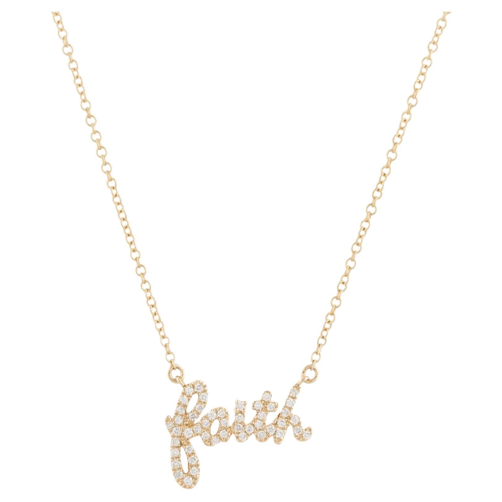 0.14 Carat Diamond Faith Yellow Gold Pendant Necklace For Sale