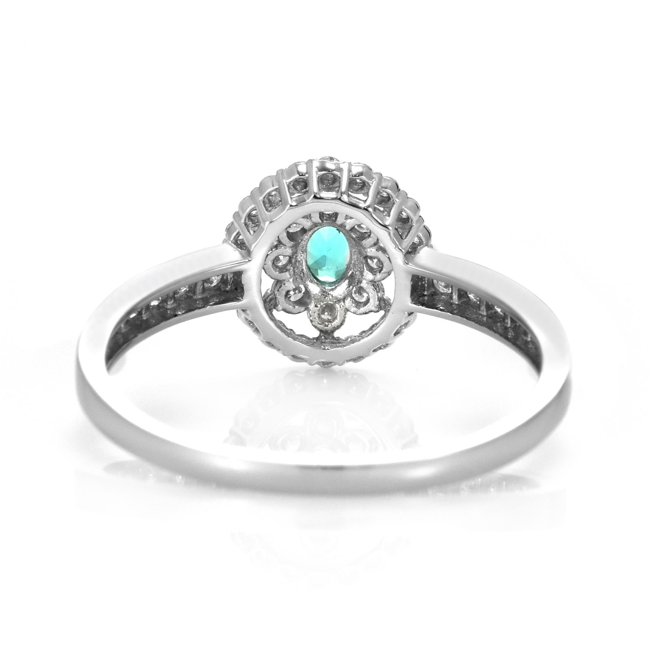 Women's 0.14 Carat Natural Brazilian Paraiba Tourmaline & Diamond Ring Made in Platinum For Sale