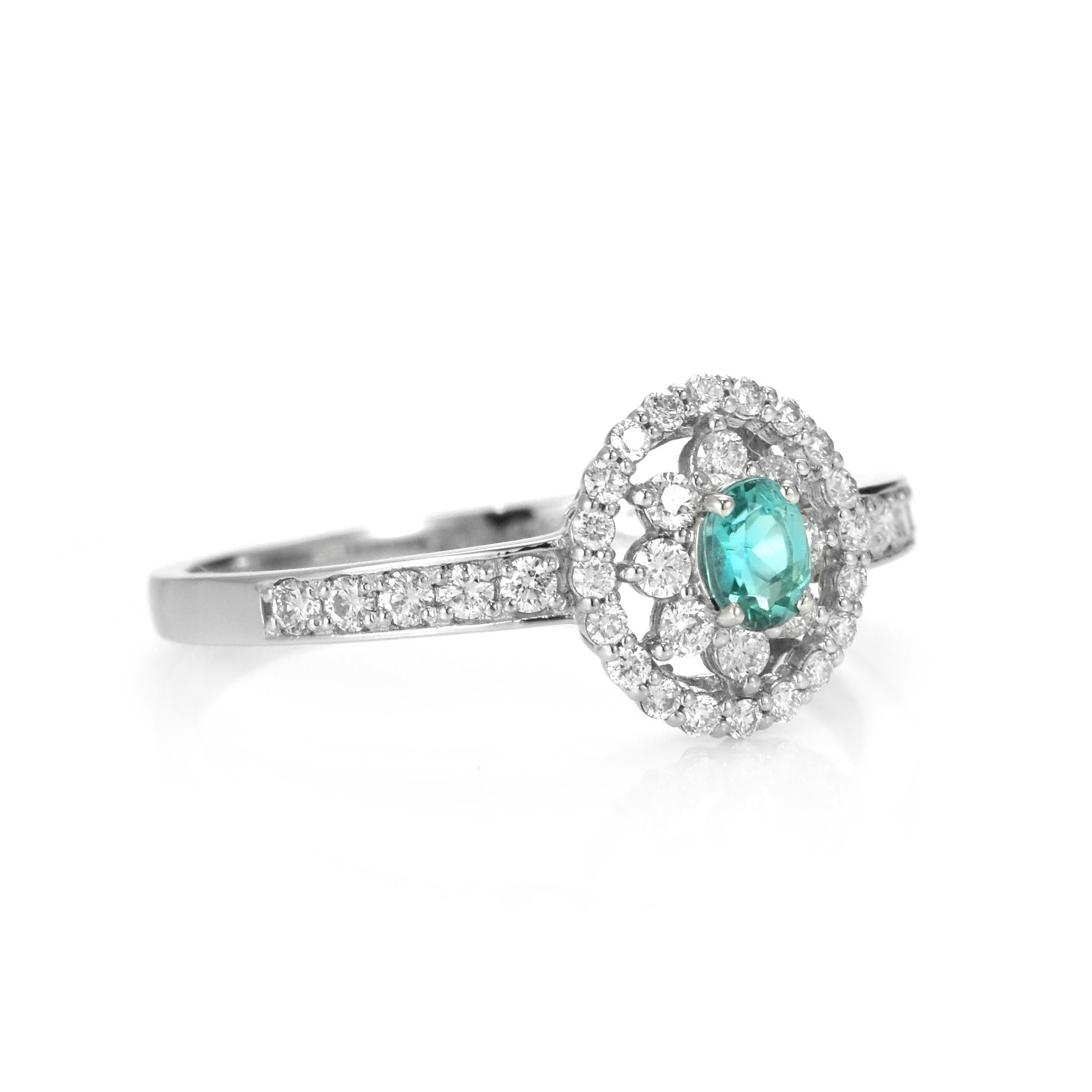 0.14 Carat Natural Brazilian Paraiba Tourmaline & Diamond Ring Made in Platinum For Sale 2