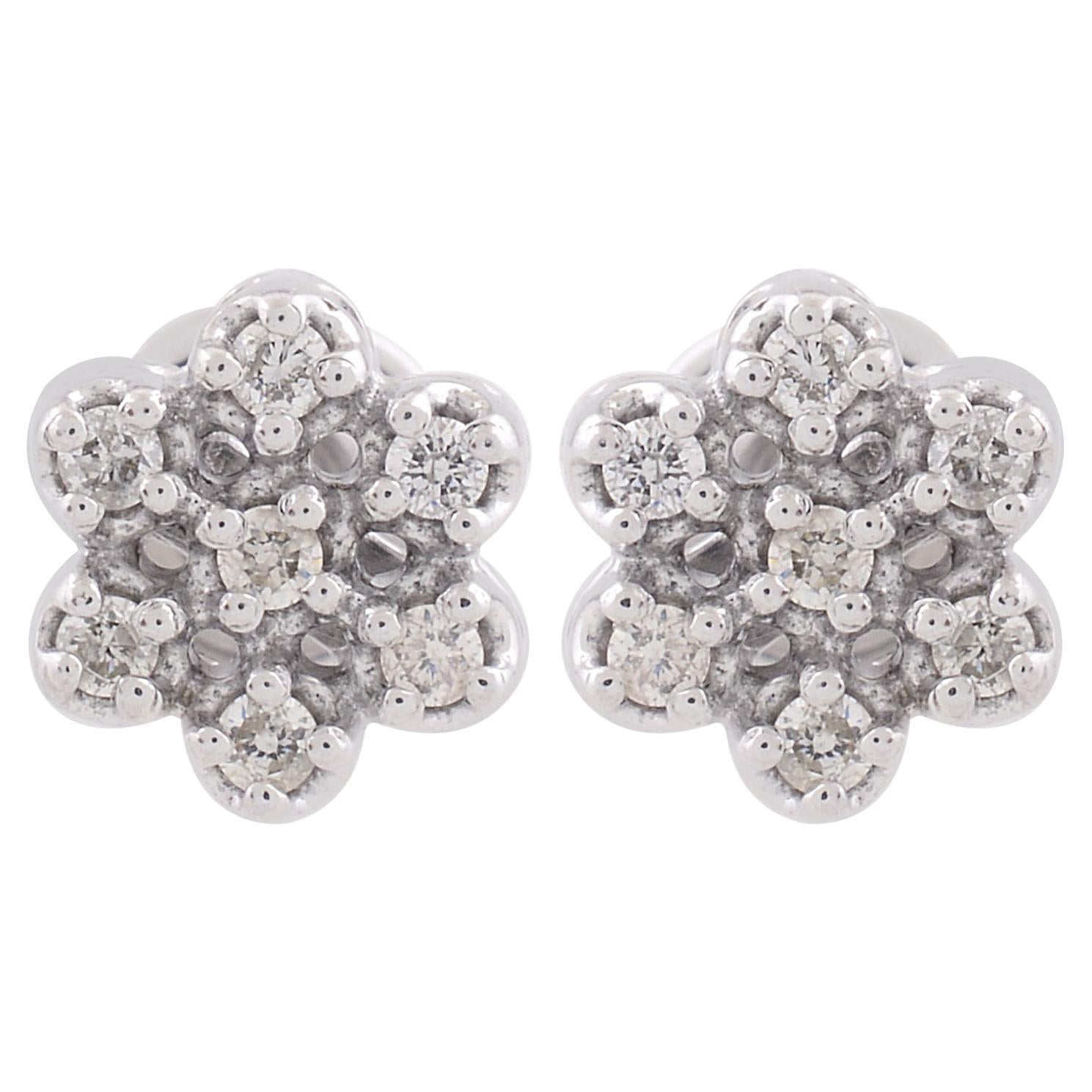 0.14 Carat Pave Diamond Flower Stud Earrings Solid 10k White Gold Fine Jewelry For Sale