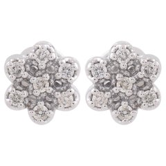 0.14 Carat Pave Diamond Flower Stud Earrings Solid 10k White Gold Fine Jewelry