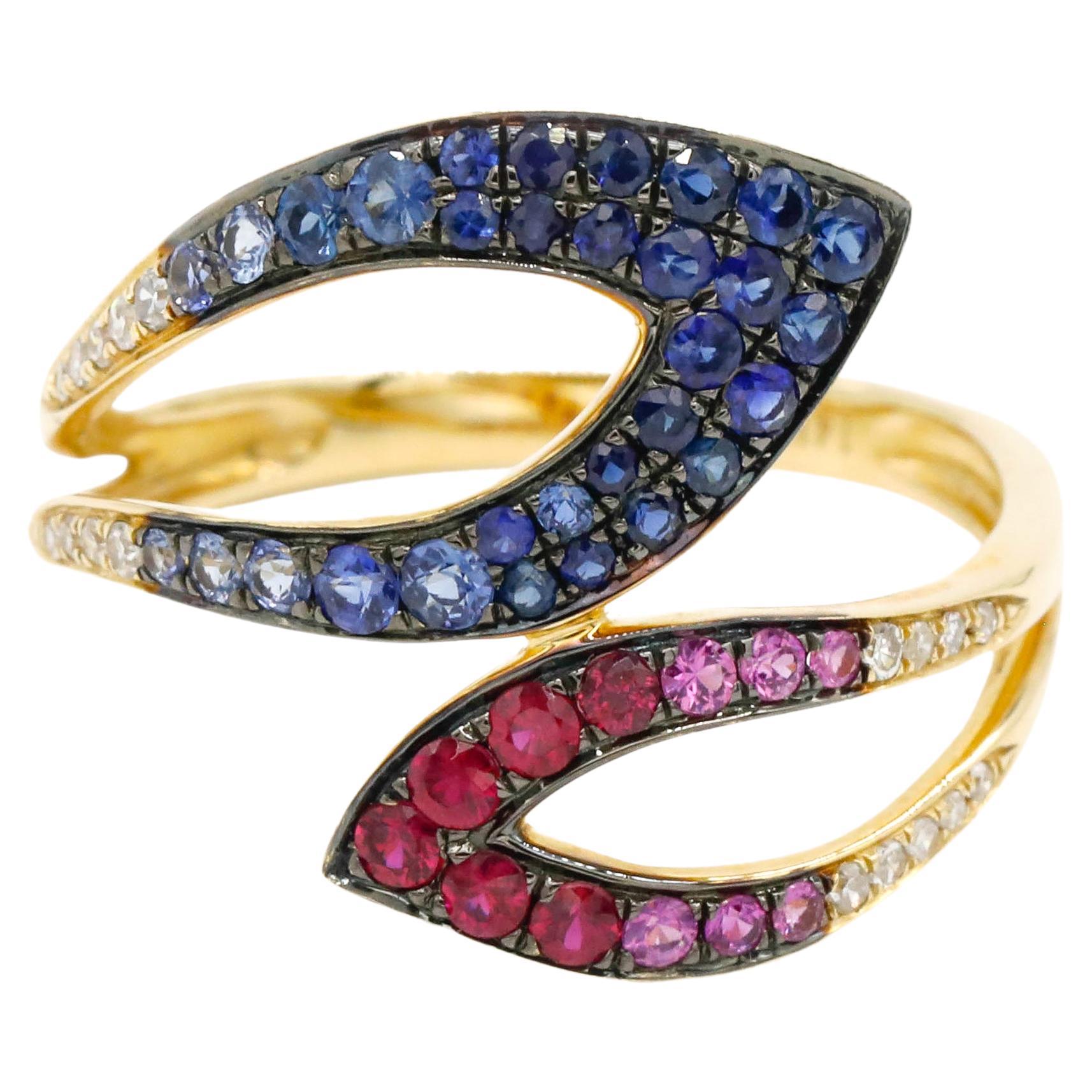 0,14 Karat Rundschliff Diamant 0,31 Karat Blauer Saphir 14k Gelbgold Wickelring 