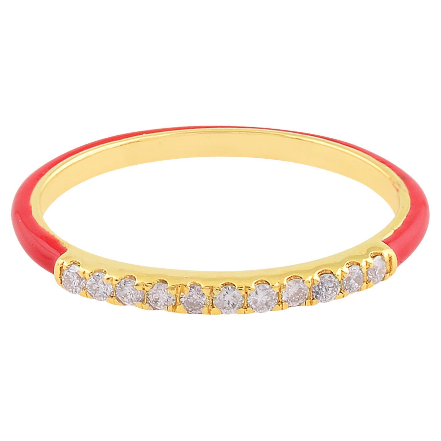 0.14 Carat SI Clarity HI Color Diamond Pave Red Enamel Band Ring 14k Yellow Gold For Sale