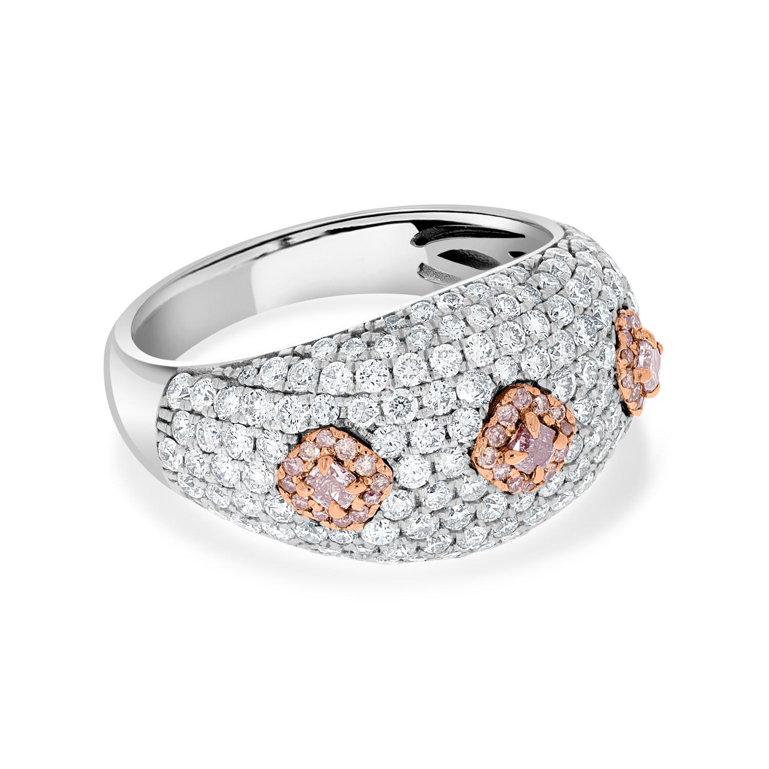 Cushion Cut 0.14 Carats Pink Diamond Three Stone Ring For Sale
