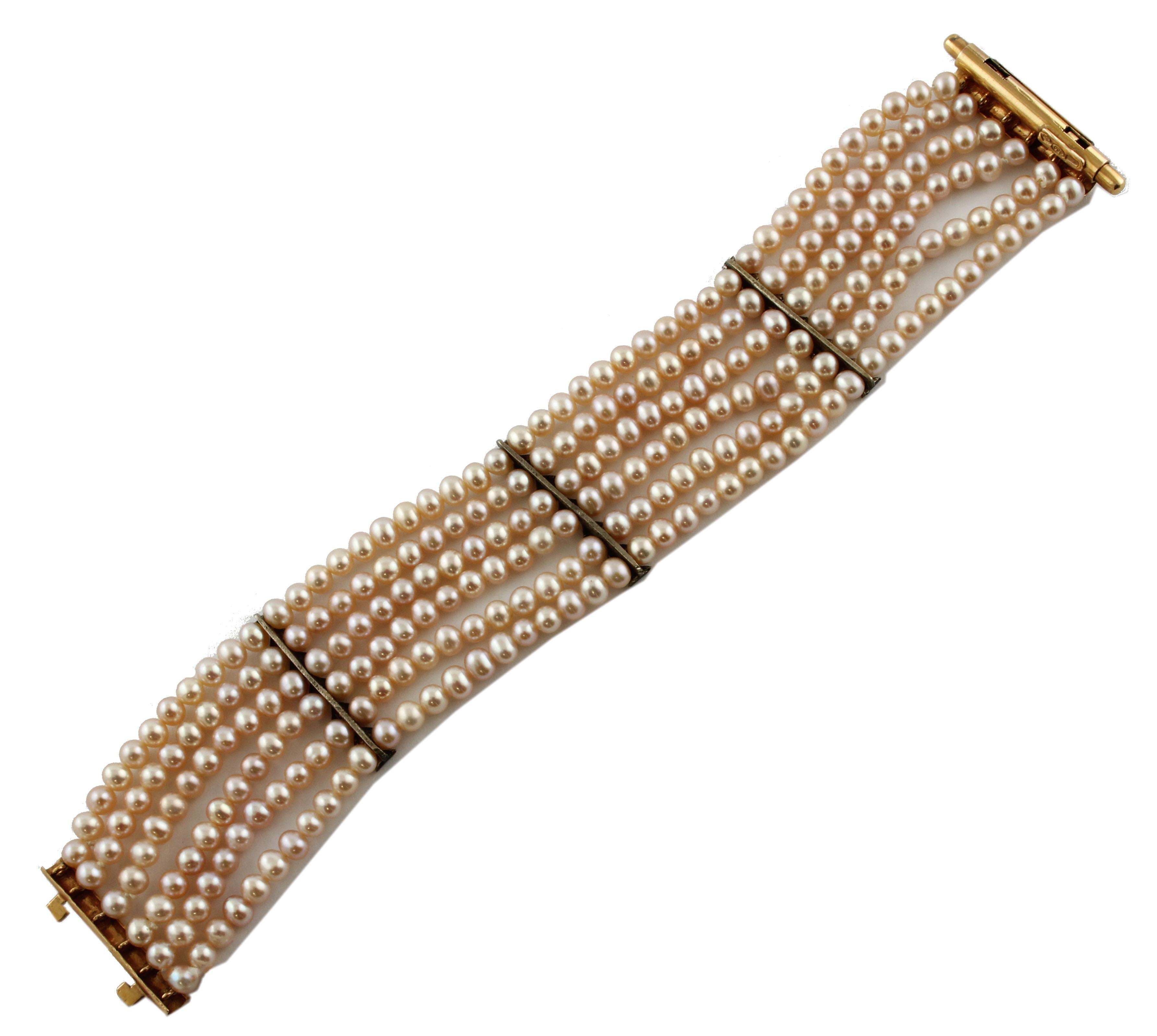 Retro  Diamonds, 23.40g Pink Little Pearls Rows Rose Gold Silver Beaded Bracelet For Sale