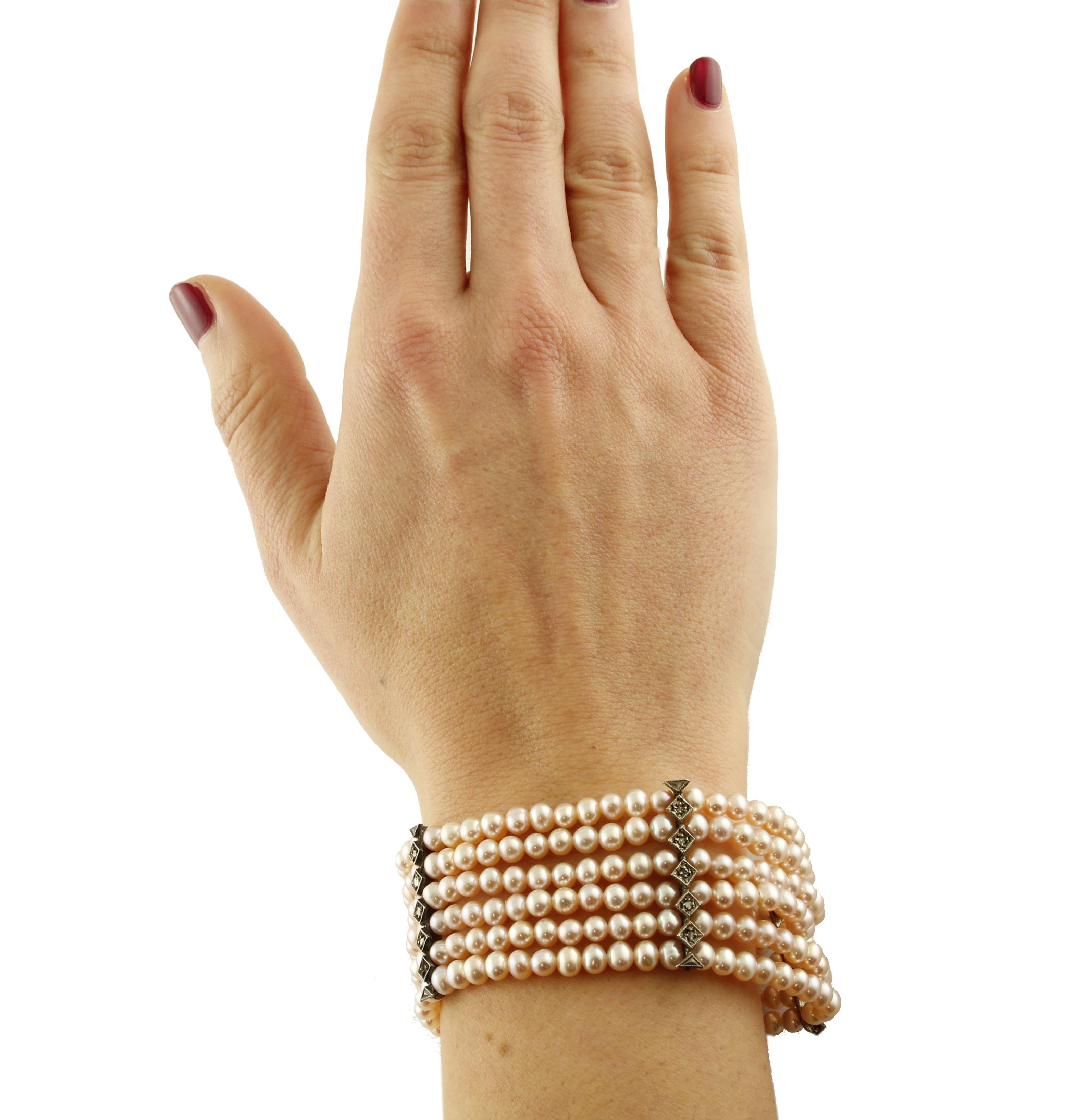 Mixed Cut  Diamonds, 23.40g Pink Little Pearls Rows Rose Gold Silver Beaded Bracelet For Sale