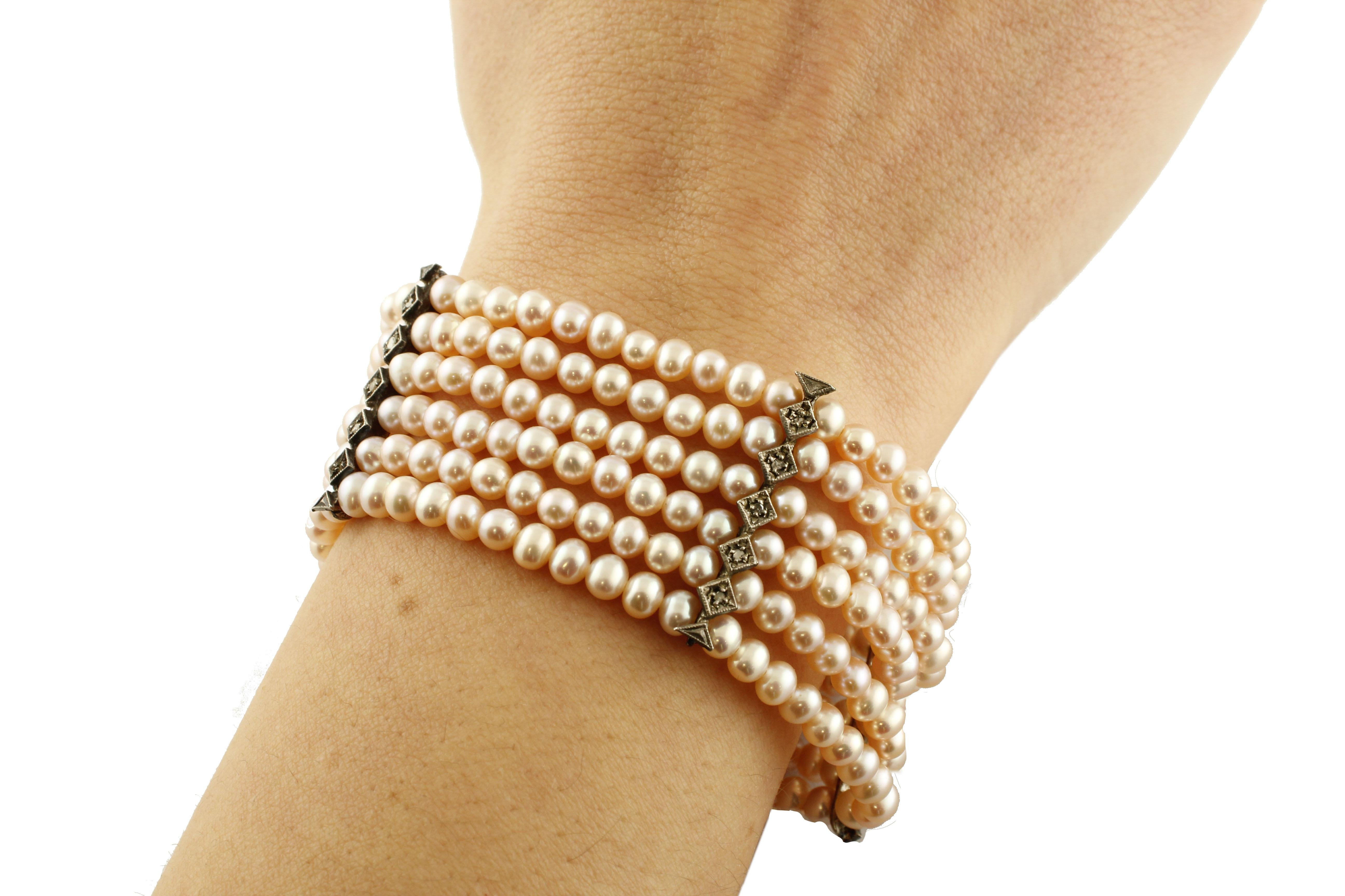 Women's  Diamonds, 23.40g Pink Little Pearls Rows Rose Gold Silver Beaded Bracelet For Sale