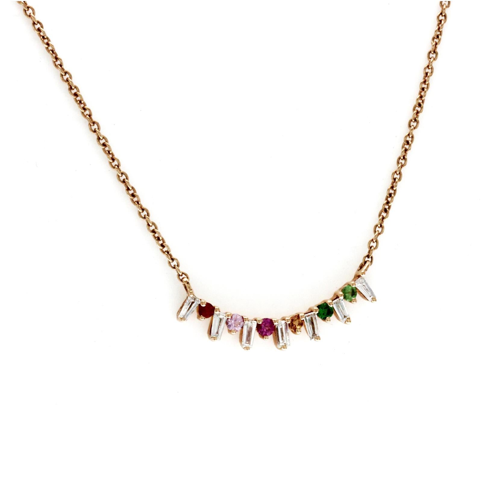 Baguette Cut 0.14 Ct Sapphires 0.18 Ct Diamond 14K Rose Gold Bar Necklace For Sale