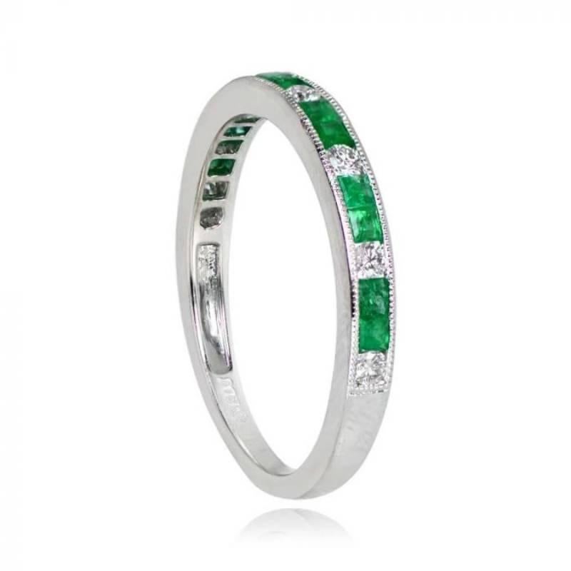 Art Deco 0.14ct Diamond & 0.30ct Natural Emerald Band Ring, Platinum For Sale