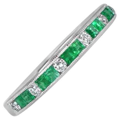 0.14ct Diamond & 0.30ct Natural Emerald Band Ring, Platinum For Sale
