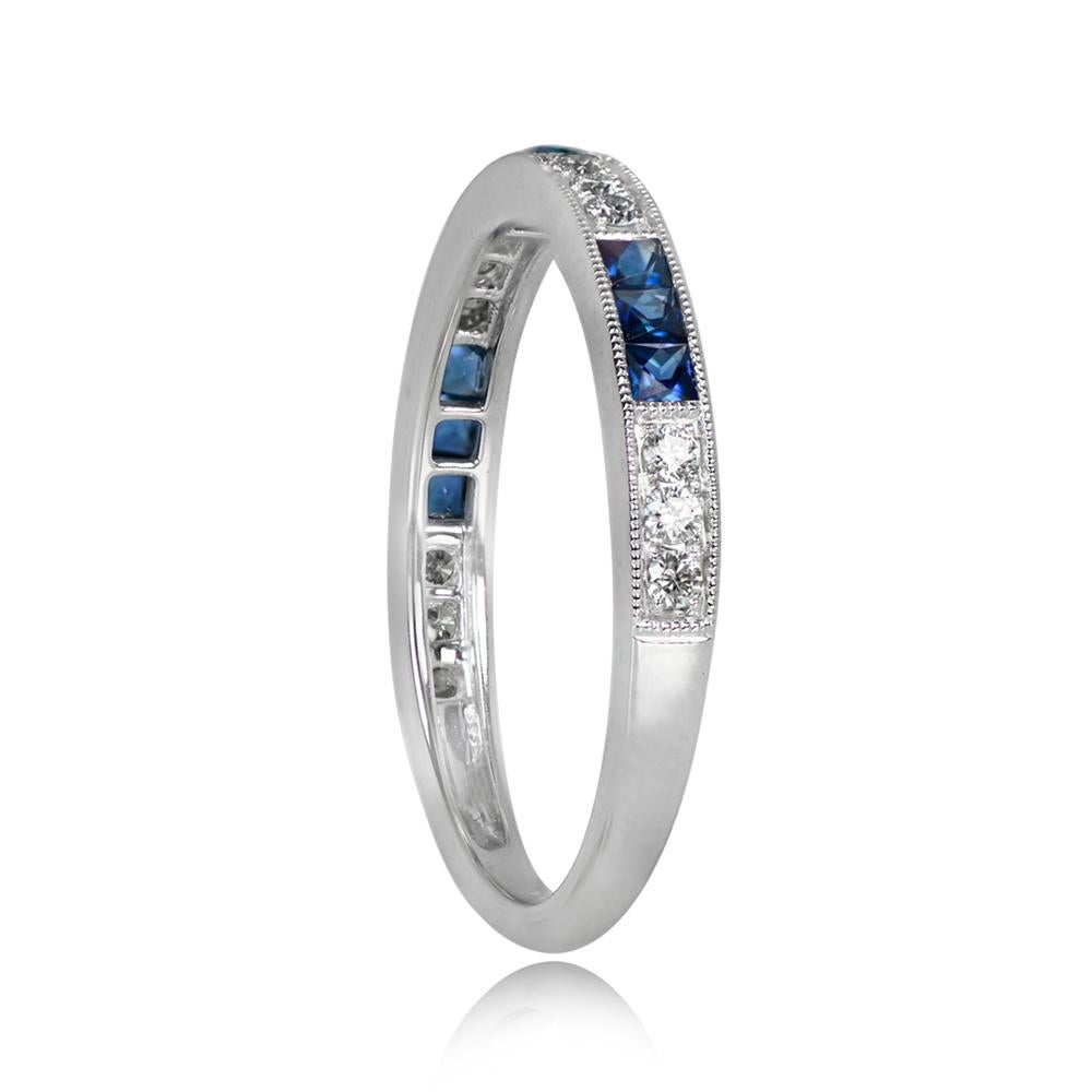 Art Deco 0.14ct Diamond & 0.34ct Natural Blue Sapphire Band Ring, Platinum For Sale