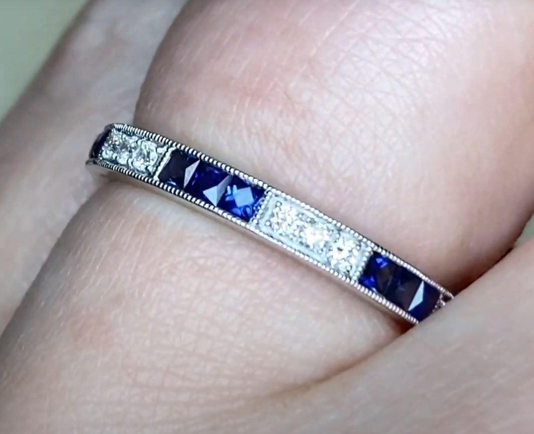 Women's 0.14ct Diamond & 0.34ct Natural Blue Sapphire Band Ring, Platinum For Sale