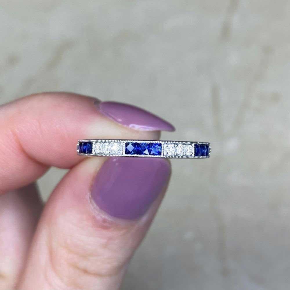 0.14ct Diamond & 0.34ct Natural Blue Sapphire Band Ring, Platinum For Sale 3