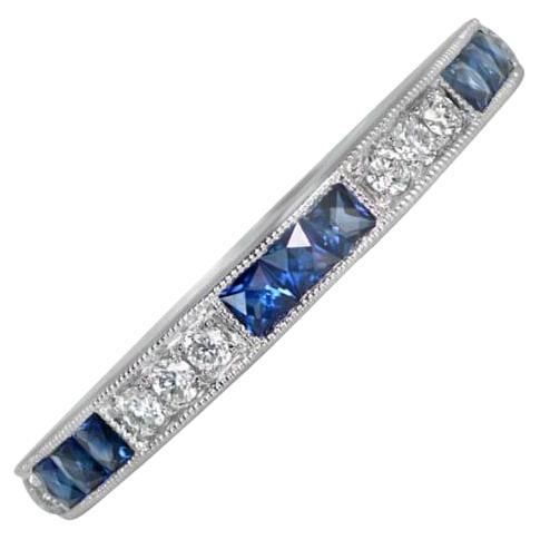 0.14ct Diamond & 0.34ct Natural Blue Sapphire Band Ring, Platinum For Sale