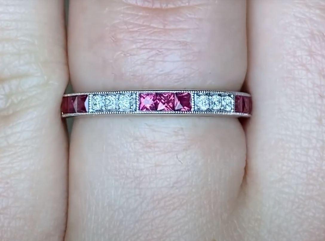 Art Deco 0.14ct Round Brilliant Cut Diamond & 0.41ct French Cut Ruby Band Ring, Platinum For Sale