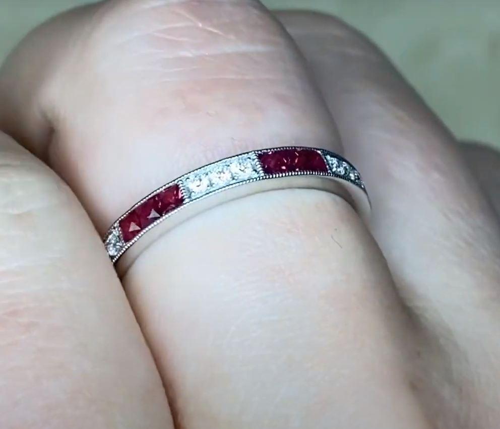 Round Cut 0.14ct Round Brilliant Cut Diamond & 0.41ct French Cut Ruby Band Ring, Platinum For Sale