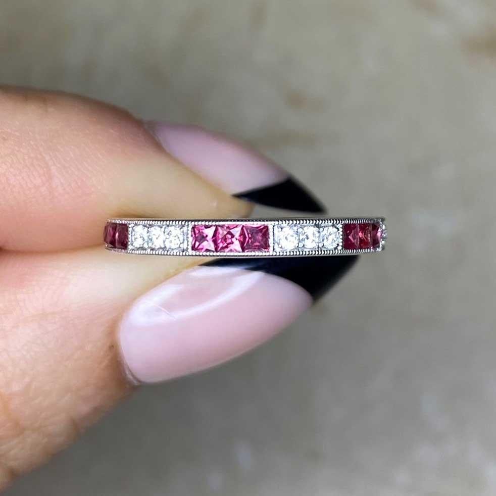 0.14ct Round Brilliant Cut Diamond & 0.41ct French Cut Ruby Band Ring, Platinum For Sale 2