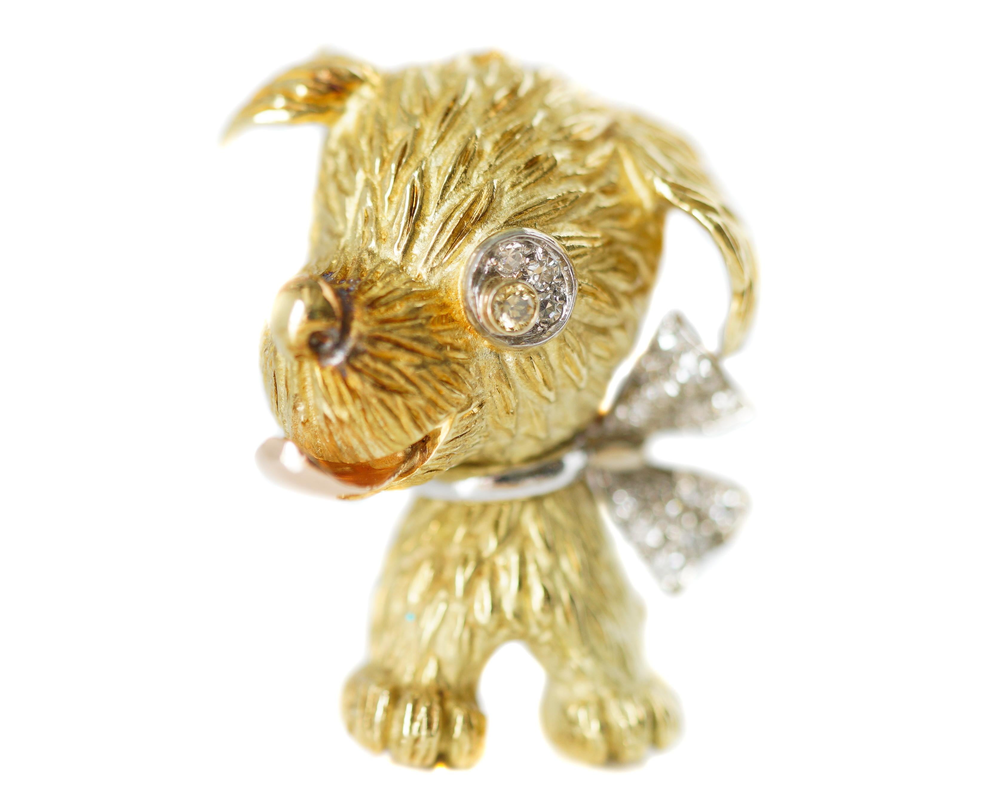 Retro 0.15 Carat Diamond and 18 Karat Gold Puppy Dog Brooch