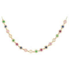 0.15 Carat Diamond and Multicolored Round Stone Necklace 14 Karat in Stock