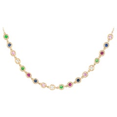 0.15 Carat Diamond and Multicolored Round Stone Necklace 14 Karat in Stock