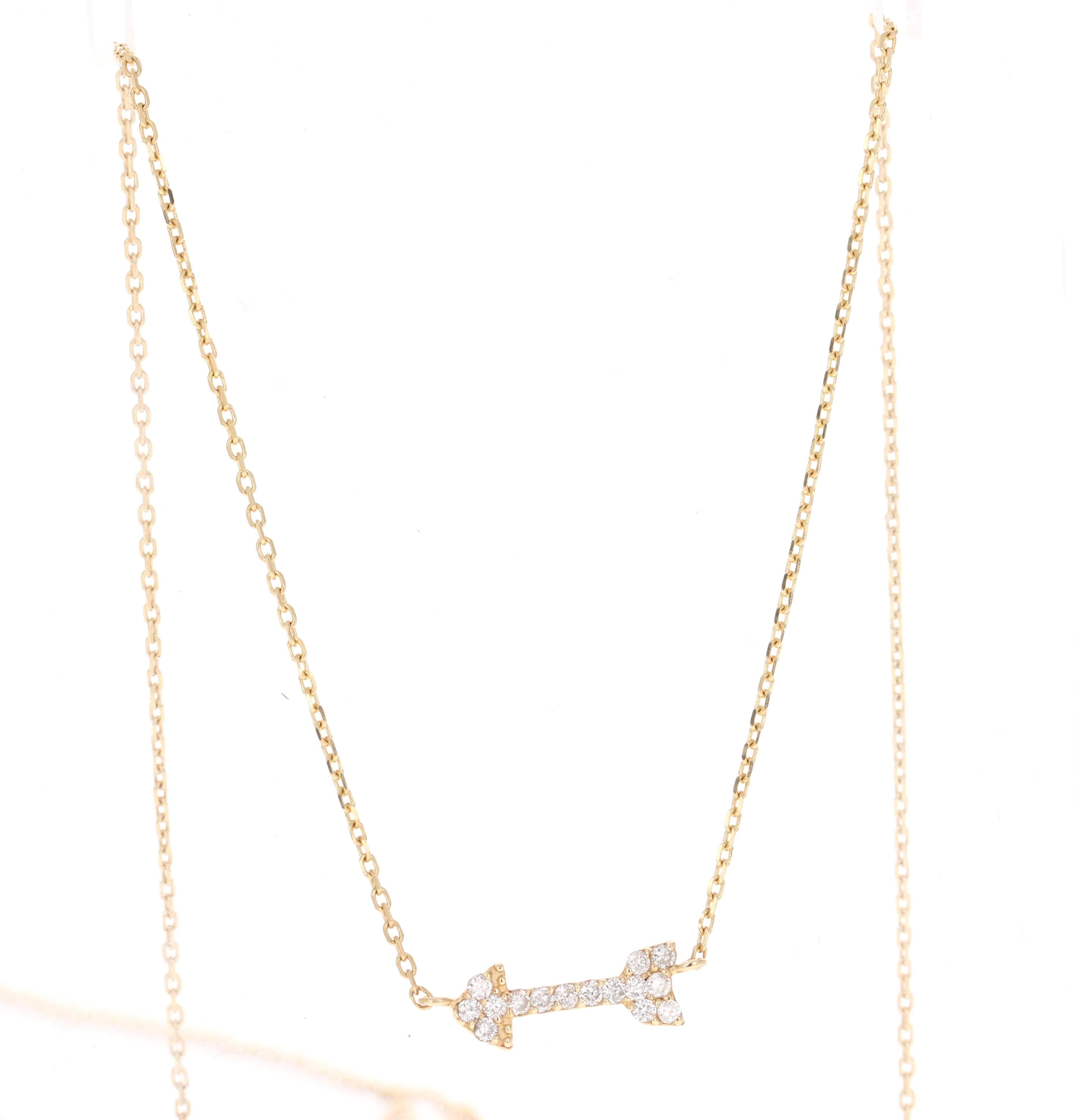This Chain Necklace has an arrow as its shape and it has 15 Round Cut Diamonds that weigh 0.15 carats.  (Clarity: VS, Color: H) The total carat weight of the Pendant is 0.15 Carats.

It is beautifully curated in 14 Karat Yellow Gold and weighs