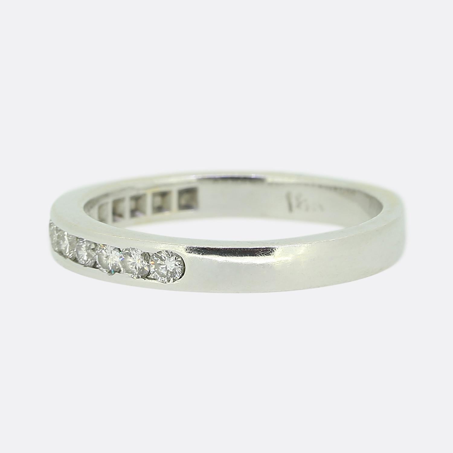 This is an 18ct white gold multi diamond half eternity ring. The ring features nine channel set small round cut diamonds.

Condition: Used (Excellent)
Weight: 3.2 grams
Band Width: 2.5mm
Size: K (50)
Total Diamond Weight: Approx. 0.15ct
Diamond