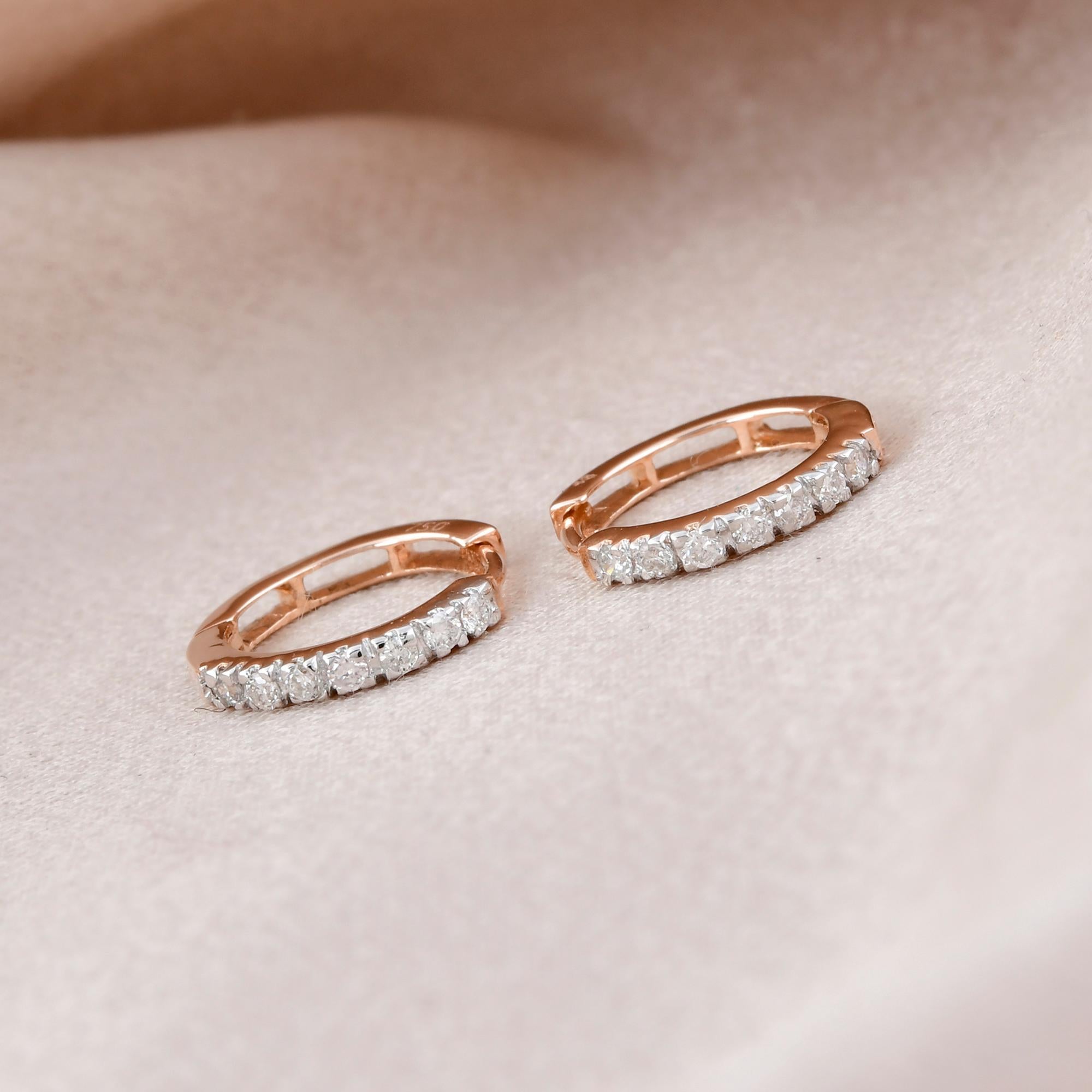 Modern 0.15 Carat Diamond Pave Hoop Earrings 18 Karat Rose Gold Handmade Fine Jewelry For Sale