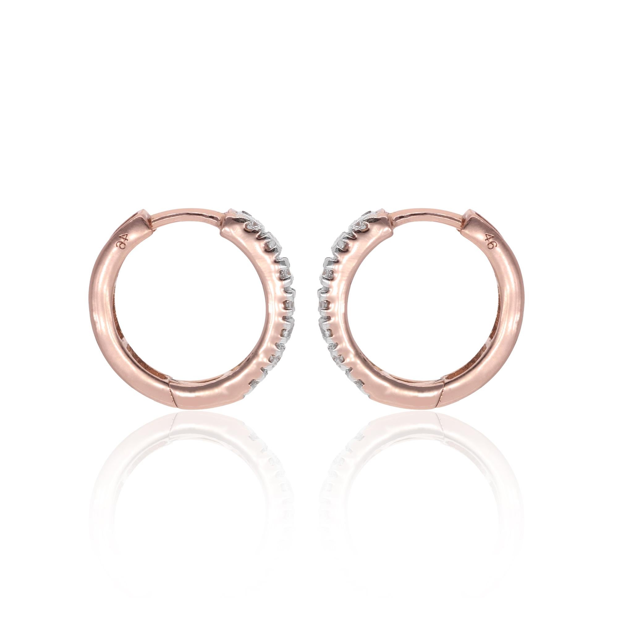 Round Cut 0.15 Carat Diamond Pave Hoop Earrings 18 Karat Rose Gold Handmade Fine Jewelry For Sale