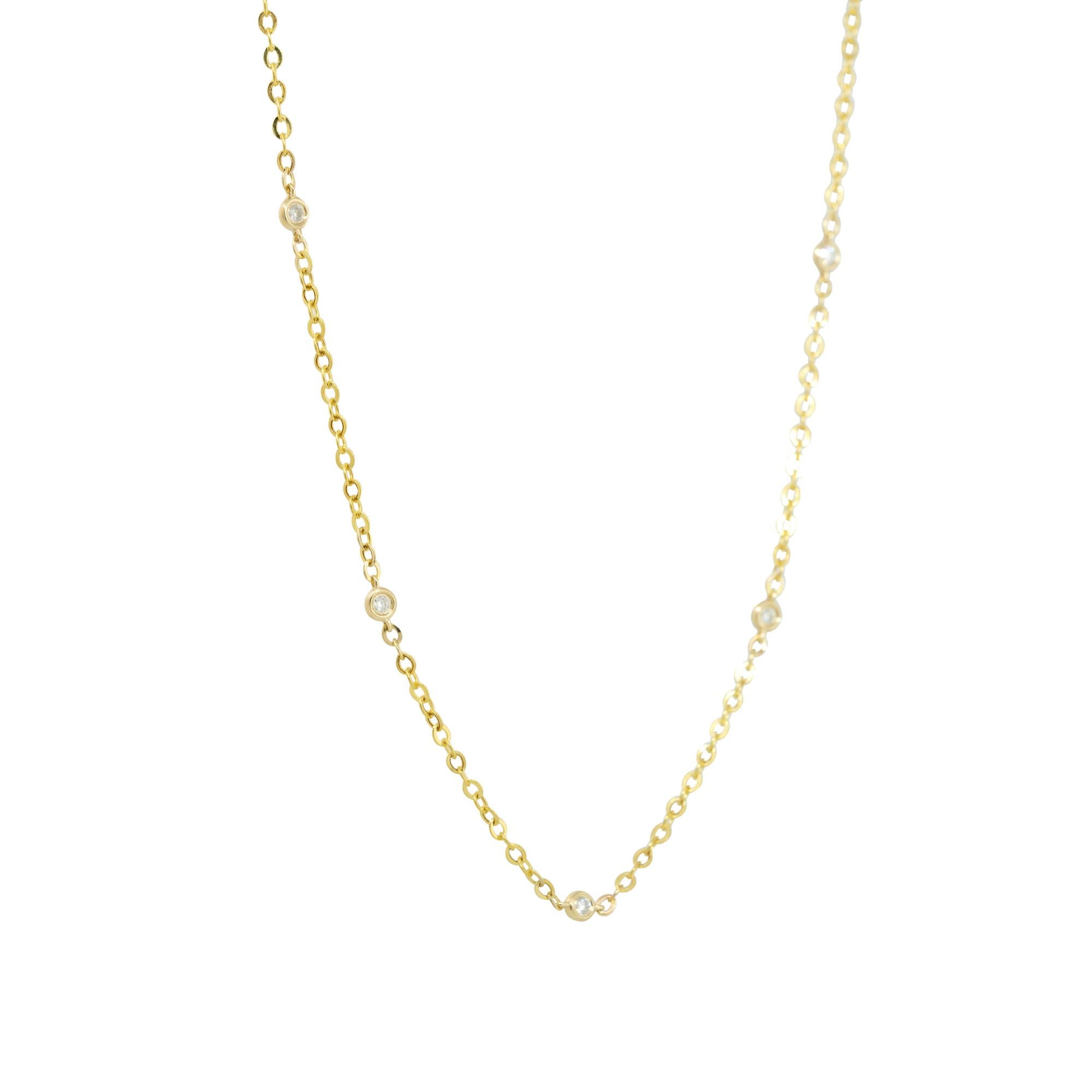 14k Yellow Gold 0.15ctw Diamonds by the Yard Necklace
Material: 14k Yellow Gold
Diamond Details: Approximately 0.15ctw of Round Brilliant Diamonds. There are 7, bezel set, Diamond stations along the chain
Item Length: 15.5-16.5