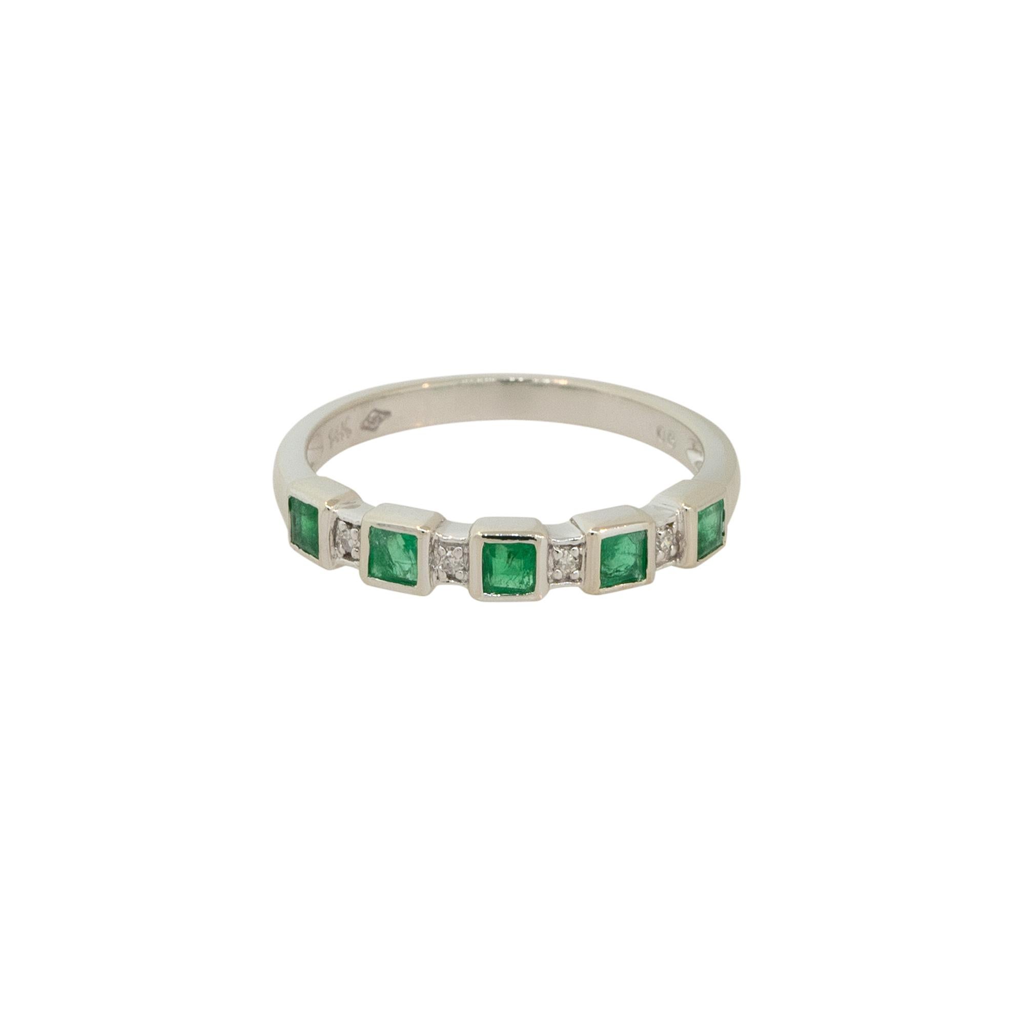 Square Cut 0.15 Carat Emerald and Diamond Narrow Band 14 Karat in Stock For Sale