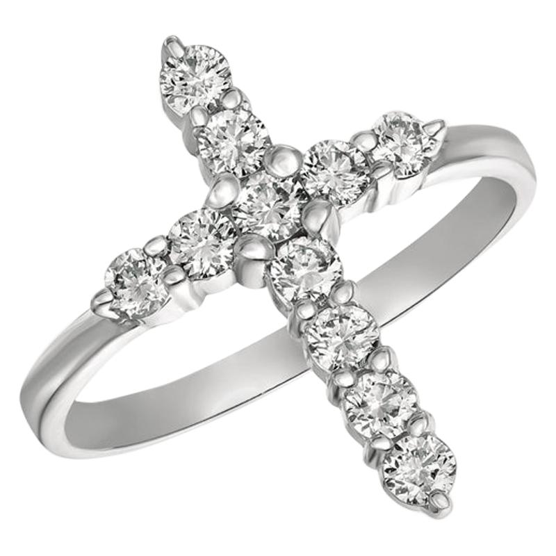 Bague croix en or blanc 14 carats avec diamants naturels 0,15 carat G SI en vente