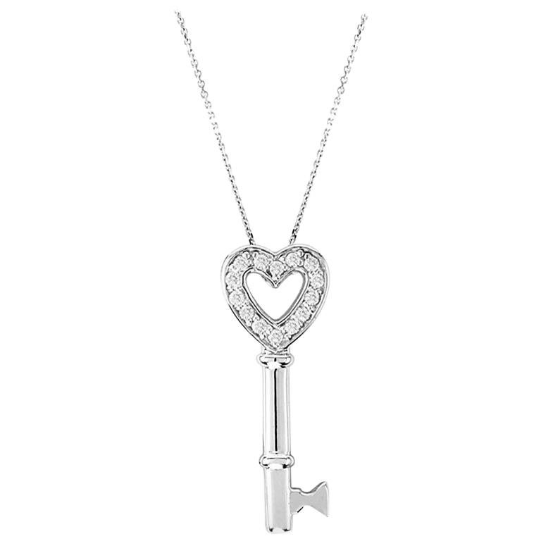 0.15 Carat Natural Diamond Key Necklace Pendant 14 Karat White Gold Chain For Sale