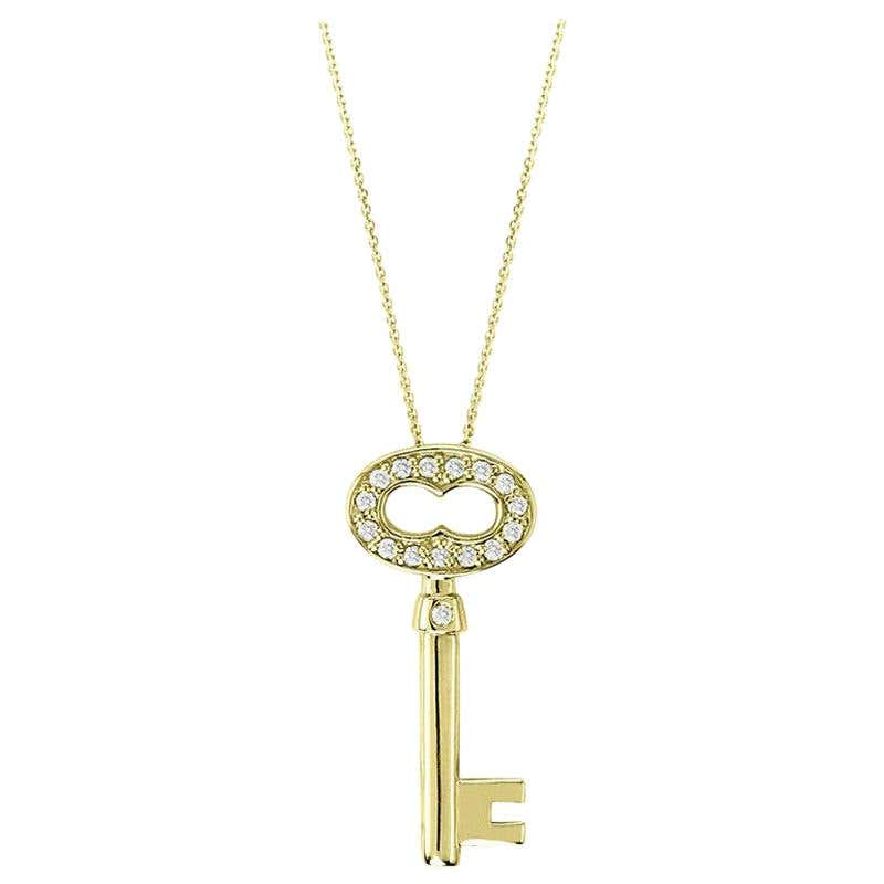 Diamond and 14 Karat Yellow Gold Key Pendant Necklace For Sale at ...