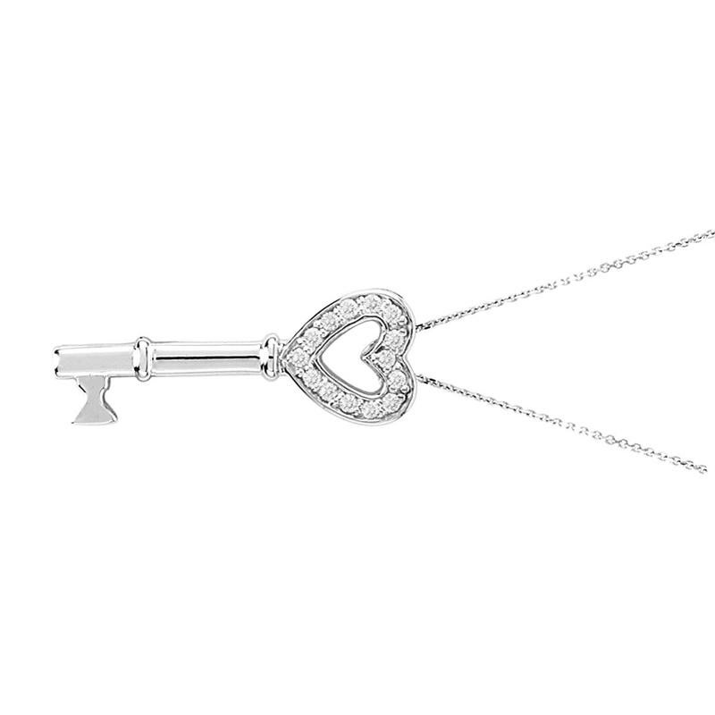 0.15 Carat Natural Diamond Key Pendant Necklace 14K White Gold

100% Natural Diamonds, Not Enhanced in any way Round Cut Diamond Necklace with 18'' chain
0.15CT
G-H
SI
14K White Gold Prong style 2.5 gram
1 inch in height, 3/8 inch in width
14