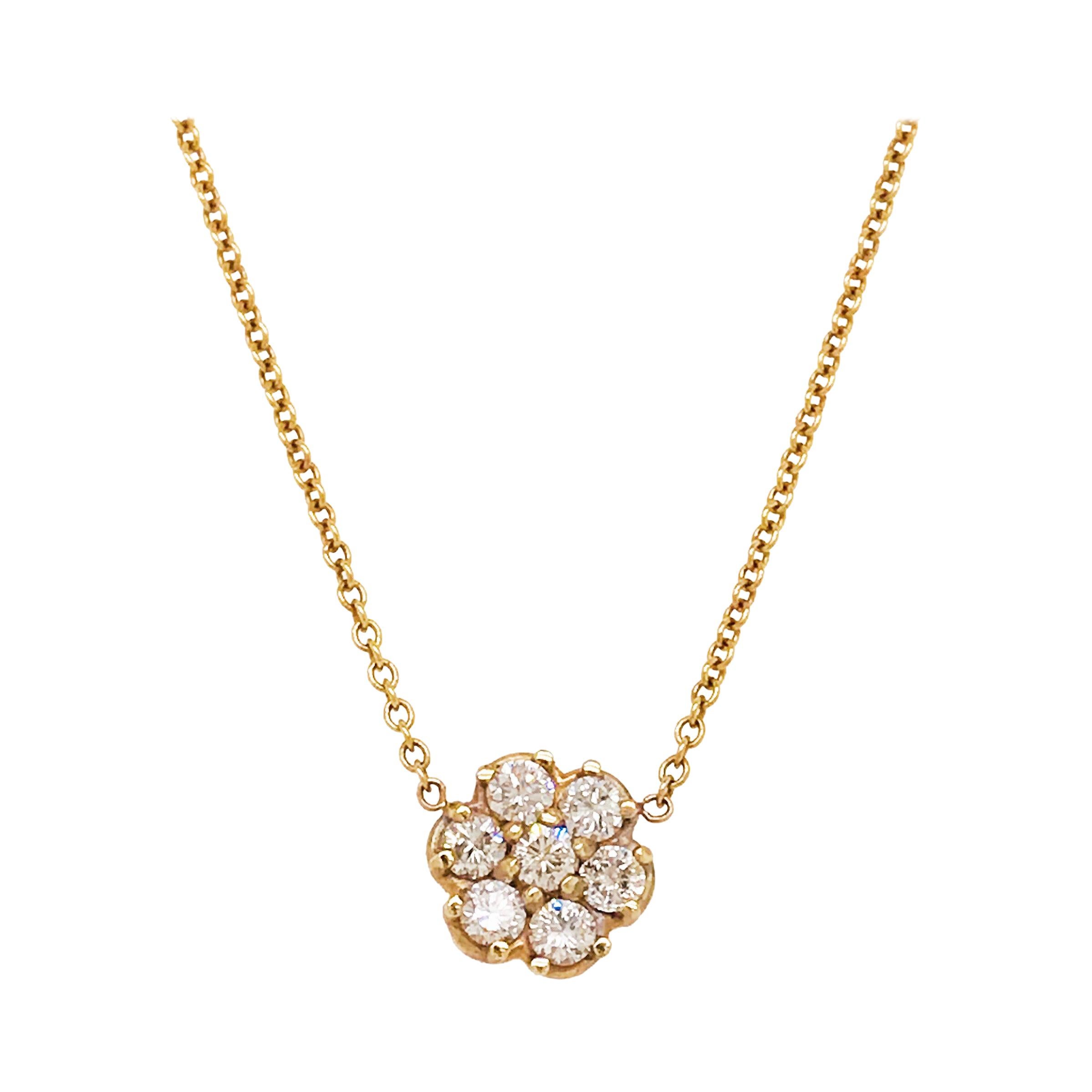 0.15 Carat Round Brilliant Diamond Cluster Flower Necklace, 14 Karat Yellow Gold