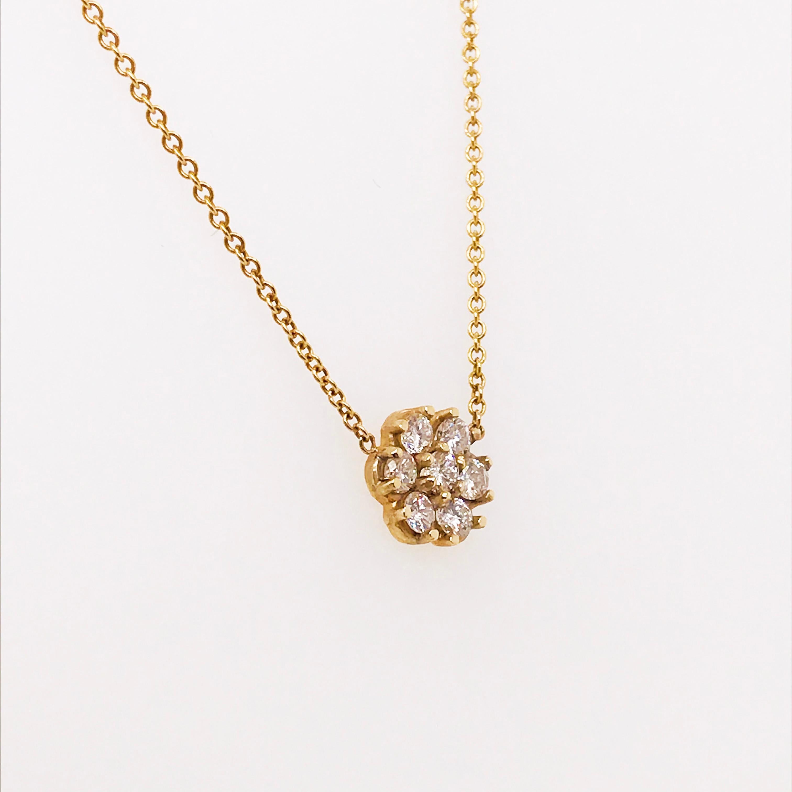 Floral Diamond Cluster Necklace with 7 round brilliant diamonds each set in prong settings. This beautiful diamond flower cluster is soldered in place on an 18 inch, strong but dainty chain. The diamond cluster soldered in place helps prevent the