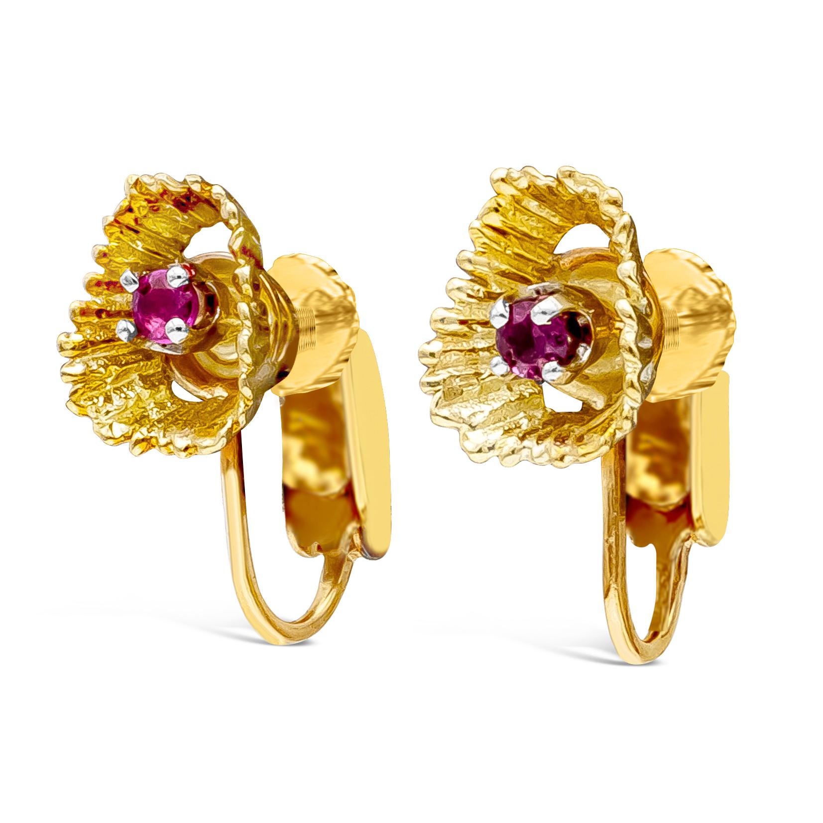 An antique fashion earrings showcasing red ruby gemstones in a coral reef design weighing 0.15 carats total. Screw-back lever clasp design in 14K Yellow Gold. Made with 18K Yellow Gold

Style available in different price ranges. Prices are based on