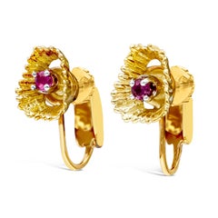 Antique 0.15 Carat Round Cut Ruby Coral Reef Fashion Earrings in Yellow Gold