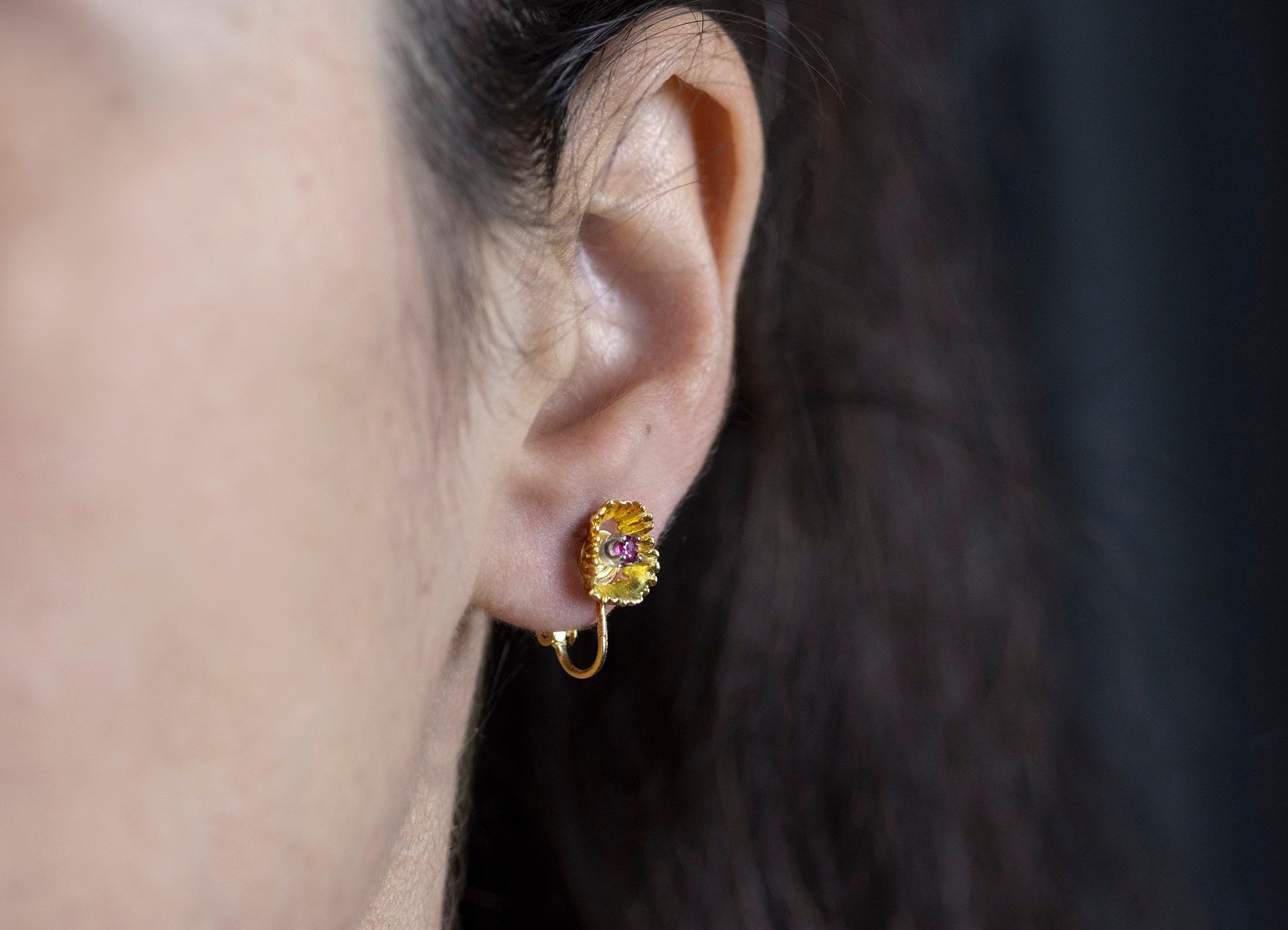 Antique 0.15 Carat Round Cut Ruby Coral Reef Fashion Earrings in Yellow Gold For Sale 1